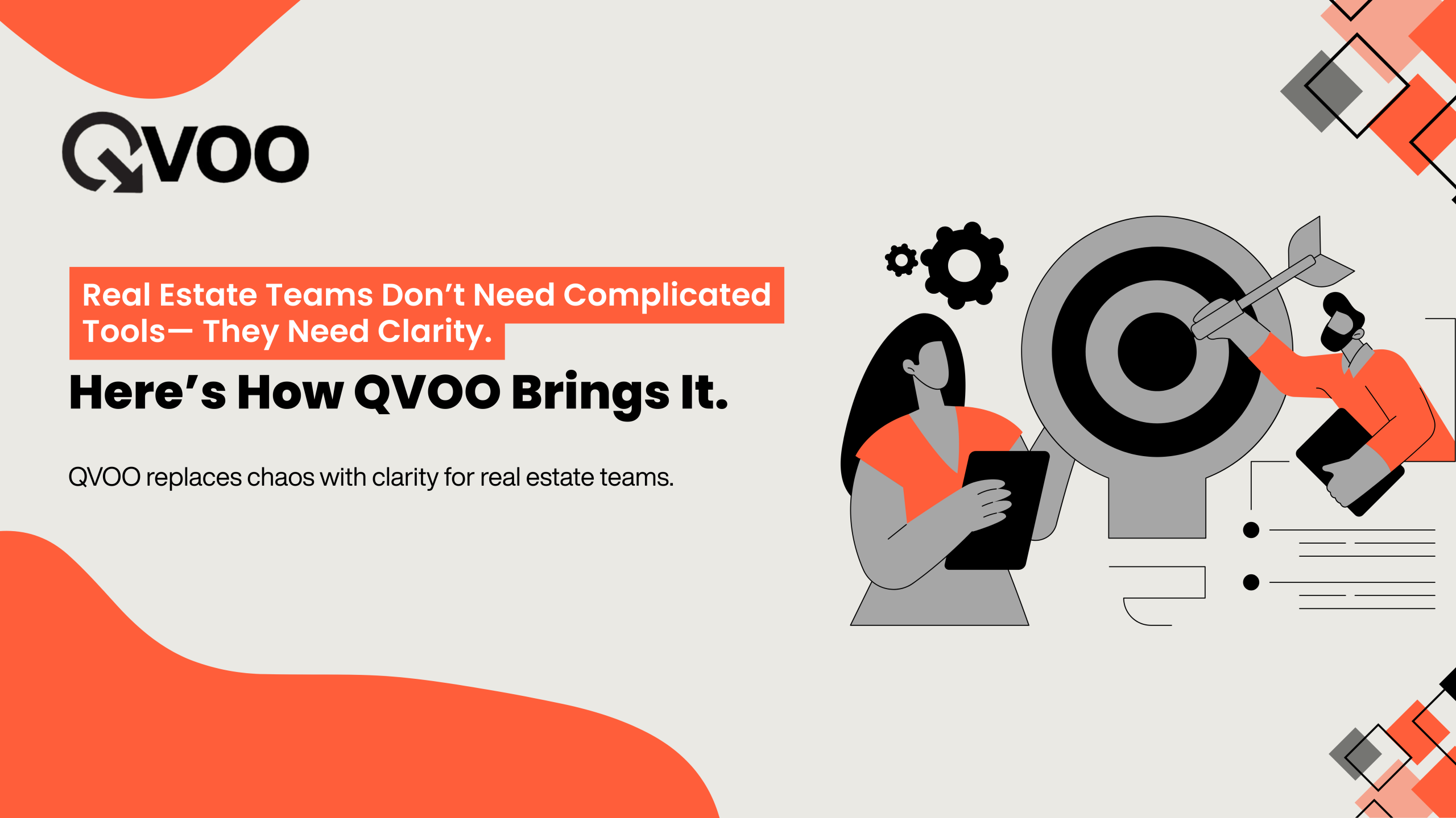 QVOO blog cover illustrating real estate teams gaining clarity through simplified CRM tools, featuring abstract characters aiming at a target with the headline ‘Real Estate Teams Don’t Need Complicated Tools - They Need Clarity.