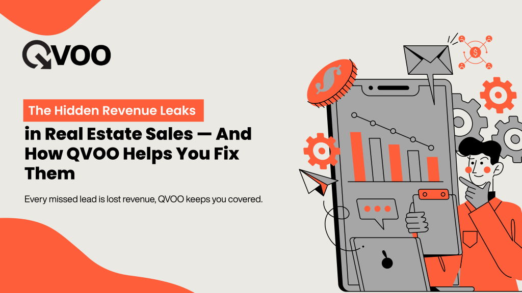 QVOO blog cover showing hidden revenue leaks in real estate sales, illustrated with analytics charts, messaging icons, and a mobile dashboard highlighting missed leads and revenue opportunities.