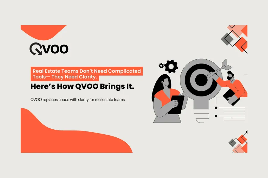 QVOO blog cover illustrating real estate teams gaining clarity through simplified CRM tools, featuring abstract characters aiming at a target with the headline ‘Real Estate Teams Don’t Need Complicated Tools - They Need Clarity.