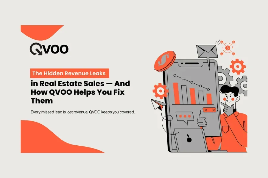QVOO blog cover showing hidden revenue leaks in real estate sales, illustrated with analytics charts, messaging icons, and a mobile dashboard highlighting missed leads and revenue opportunities.