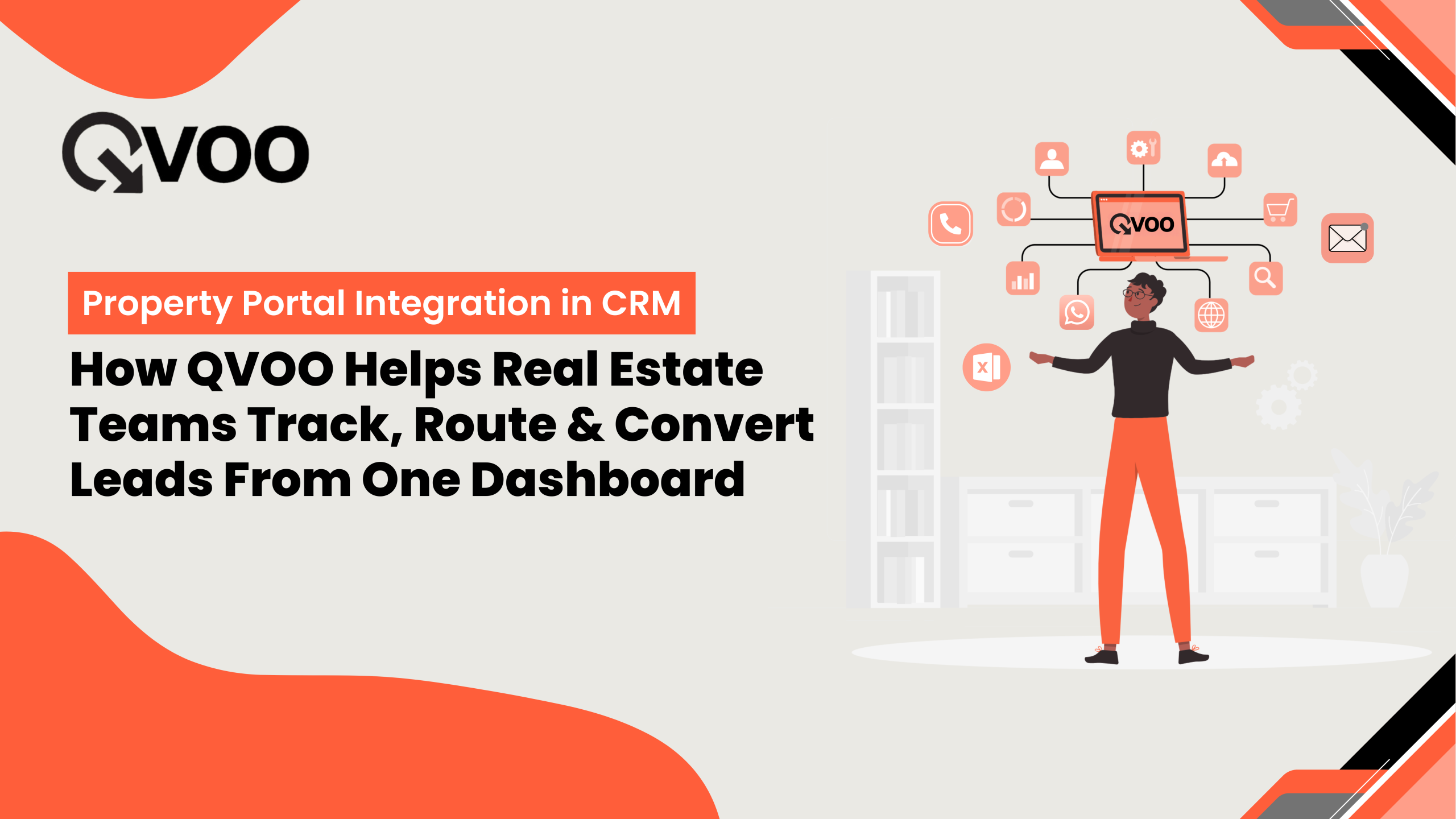 Illustration of QVOO CRM showing property portal integration to track, route, and convert real estate leads from a single dashboard.