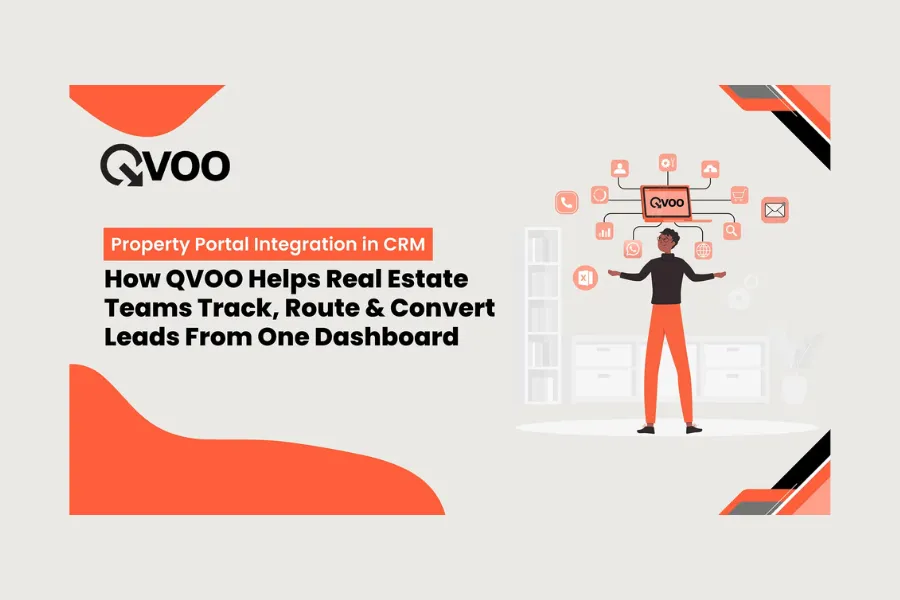 Illustration of QVOO CRM showing property portal integration to track, route, and convert real estate leads from a single dashboard.