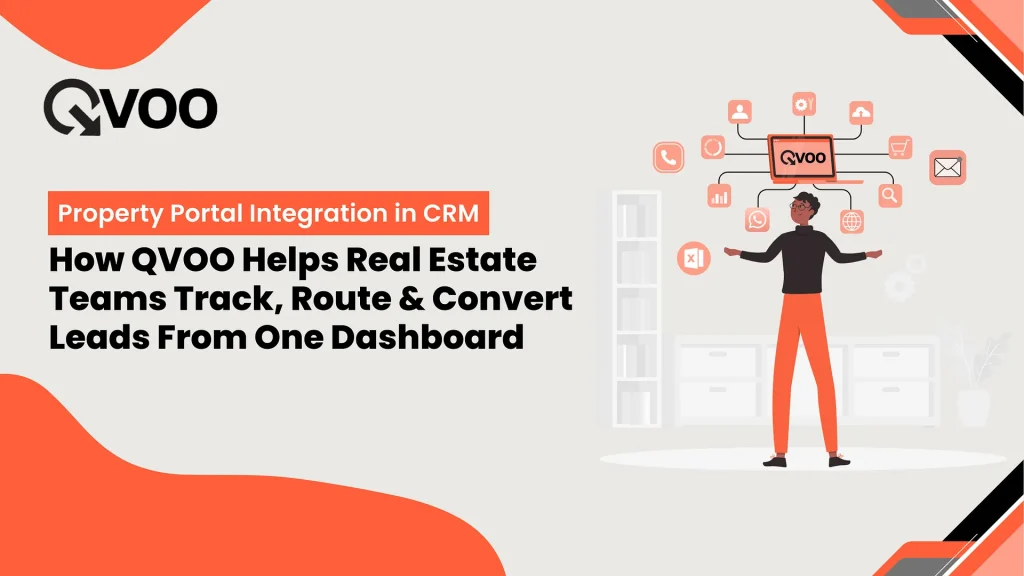 Illustration of QVOO CRM showing property portal integration to track, route, and convert real estate leads from a single dashboard.
