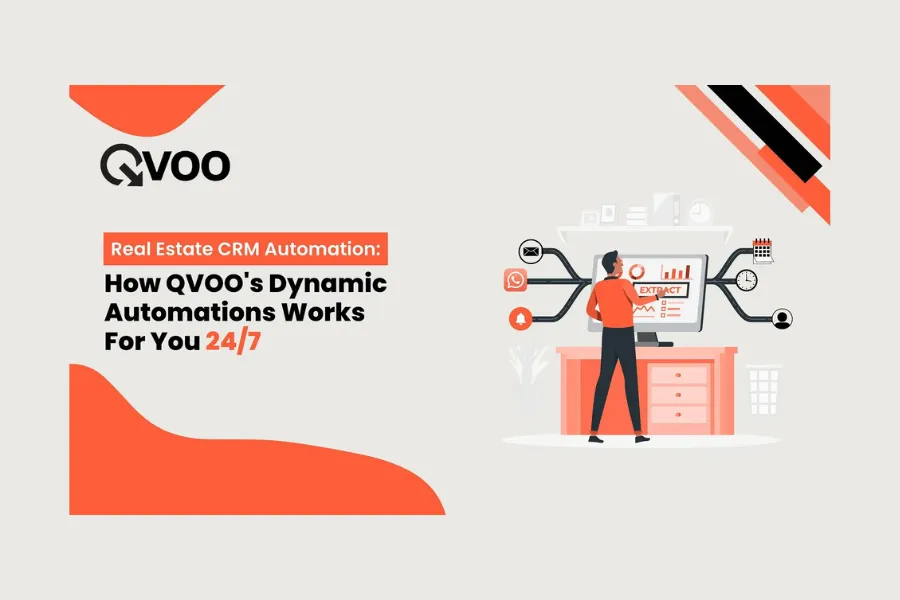 Illustration of real estate CRM automation showing QVOO automating lead management, communication, and tasks 24/7.