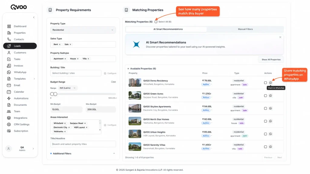 Qvoo real estate CRM lead detail page displaying automated matching properties based on buyer preferences.