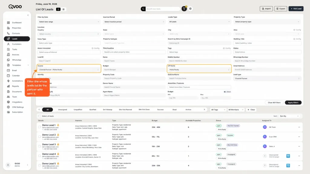 Qvoo real estate builder CRM dashboard filtering the complete lead list by a specific channel partner name.