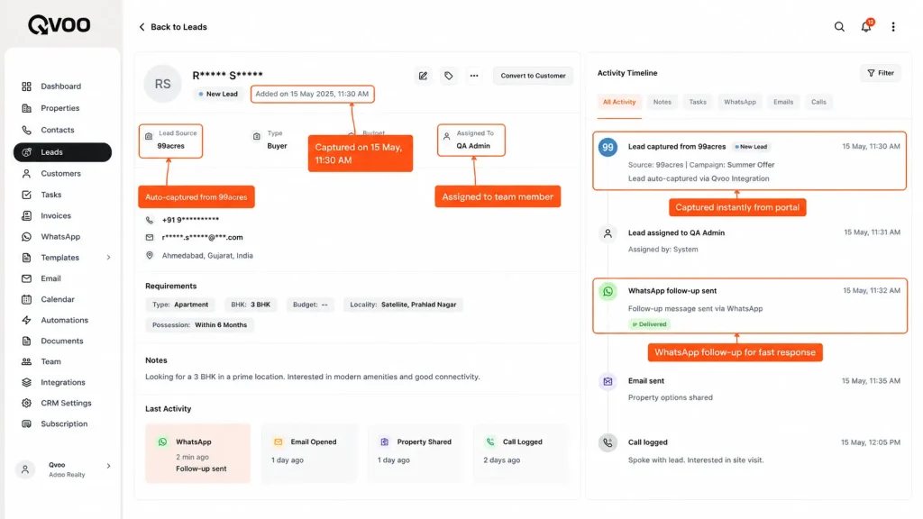 Qvoo real estate CRM lead details page showing a granular activity timeline tracking automated notes and agent response history.