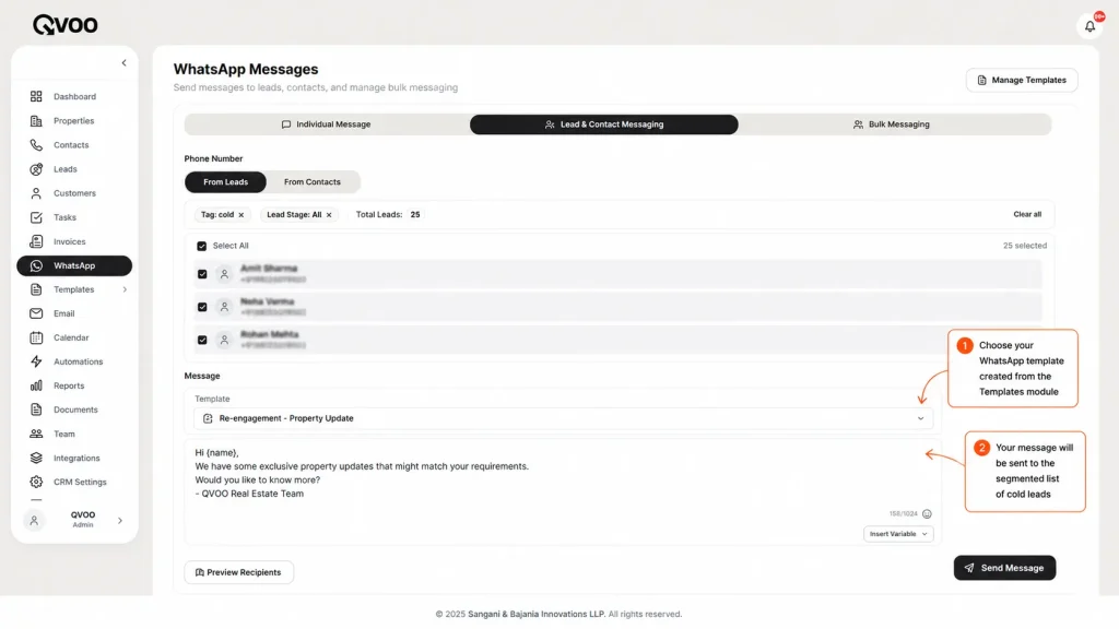 Qvoo real estate CRM dashboard showing a WhatsApp broadcast drawer with templates for reviving cold property leads.