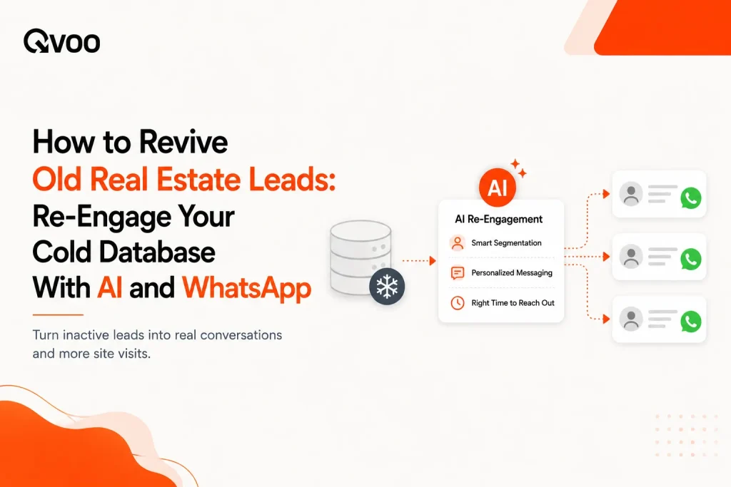 Revive old real estate leads playbook infographic by Qvoo showing a database re-engagement funnel for real estate brokers.
