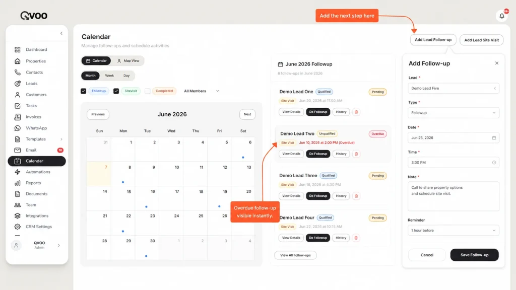 Qvoo real estate follow-up tool dashboard showing calendar scheduling and the Add Follow-up action drawer.