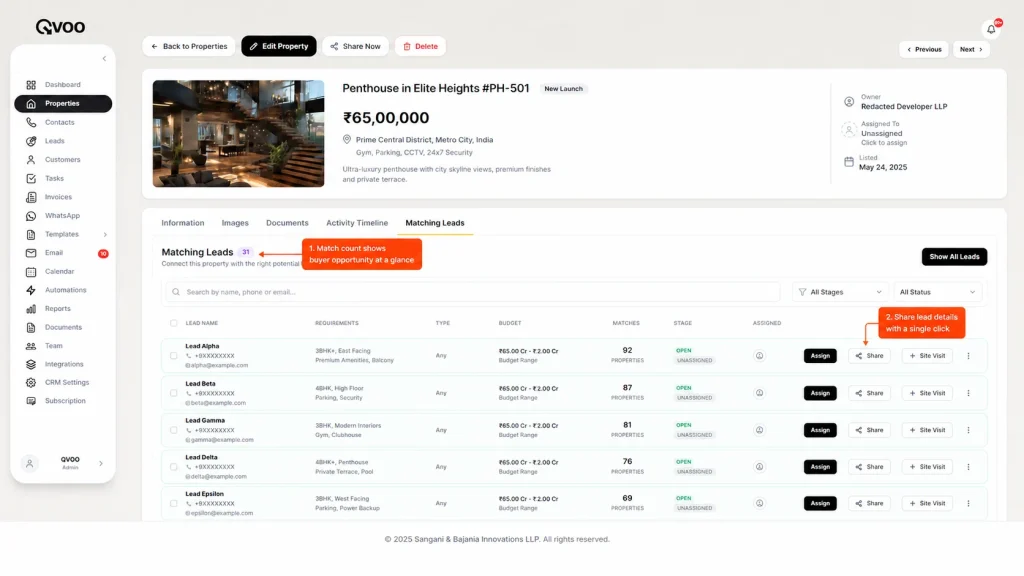 Qvoo real estate CRM dashboard displaying automated matching property recommendations for project launch leads.