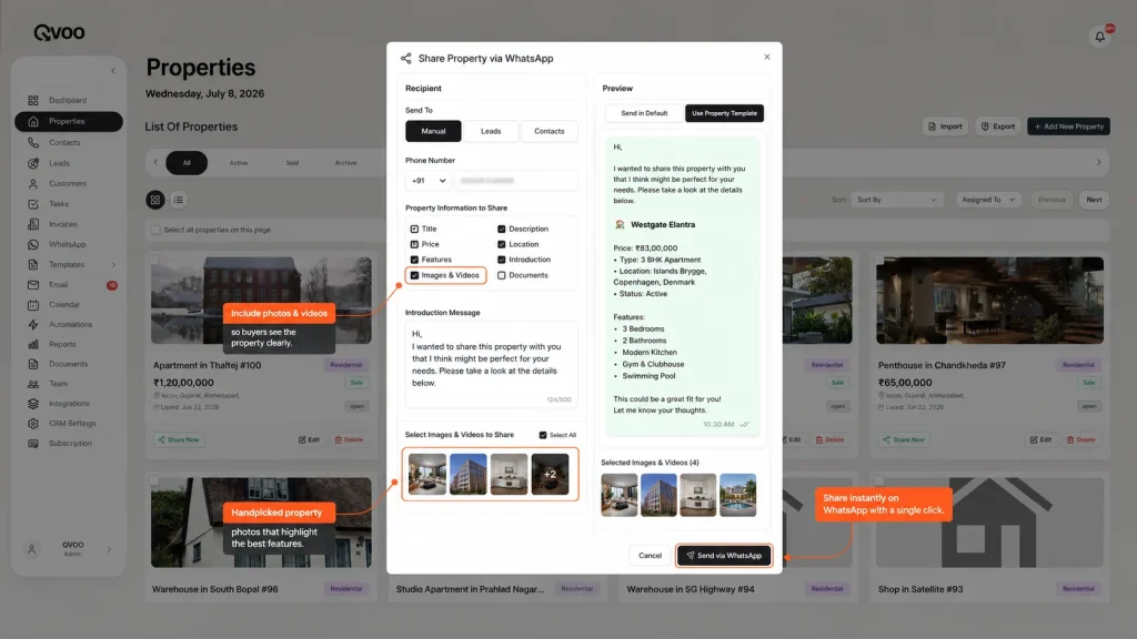 Qvoo real estate CRM interface demonstrating one-click property listing sharing via WhatsApp to a prospective buyer.