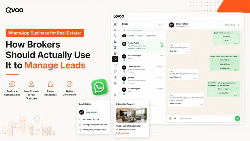 WhatsApp Business for Real Estate campaign playbook cover by Qvoo showing automated chats, verified numbers, and instant property sharing.