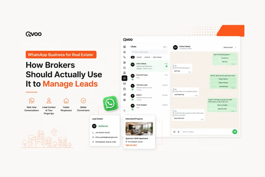 WhatsApp Business for Real Estate campaign playbook cover by Qvoo showing automated chats, verified numbers, and instant property sharing.