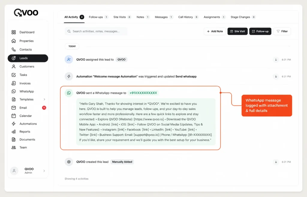 Qvoo real estate CRM lead timeline dashboard displaying automated activity logging, WhatsApp chat history, and call recordings.
